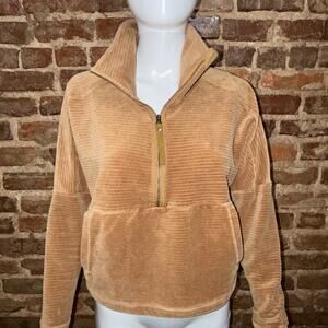 Prana Threads 1/2 Zip Pullover Tan Ribbed Pouch Sz S Comfy Outdoors granola girl